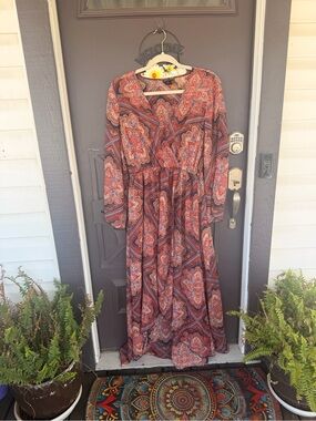 Rust Paisley Long-Sleeve Maxi Dress